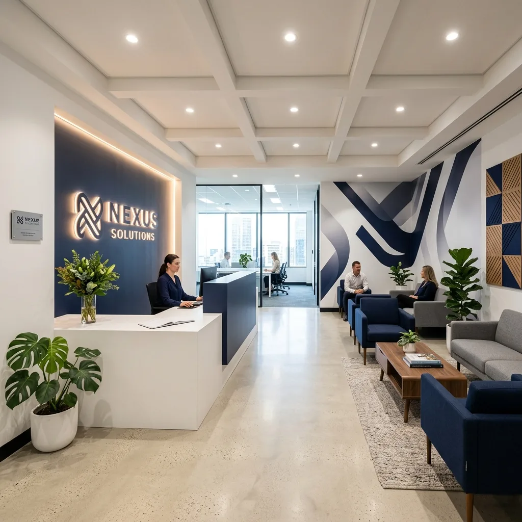 Interior de oficina corporativa ambientada con branding profesional — Proyecto de Ambientación de Espacios Eikonecta, Sincelejo